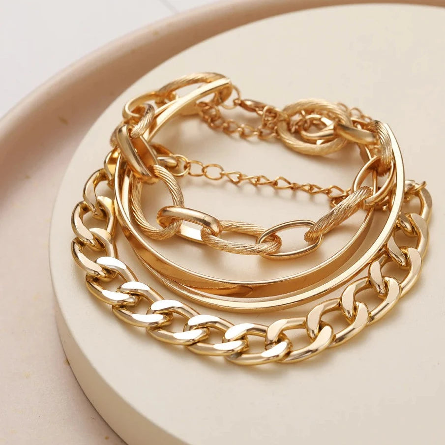 Metal Chain Bracelet Set Golden