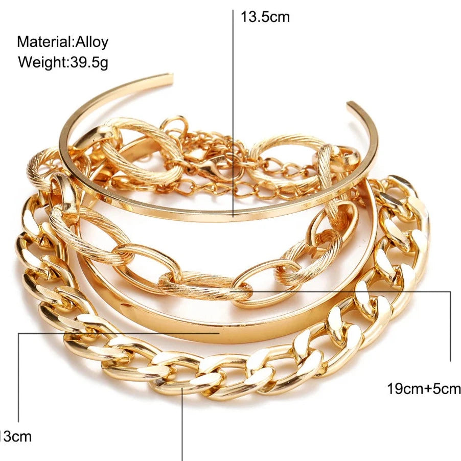 Metal Chain Bracelet Set Golden