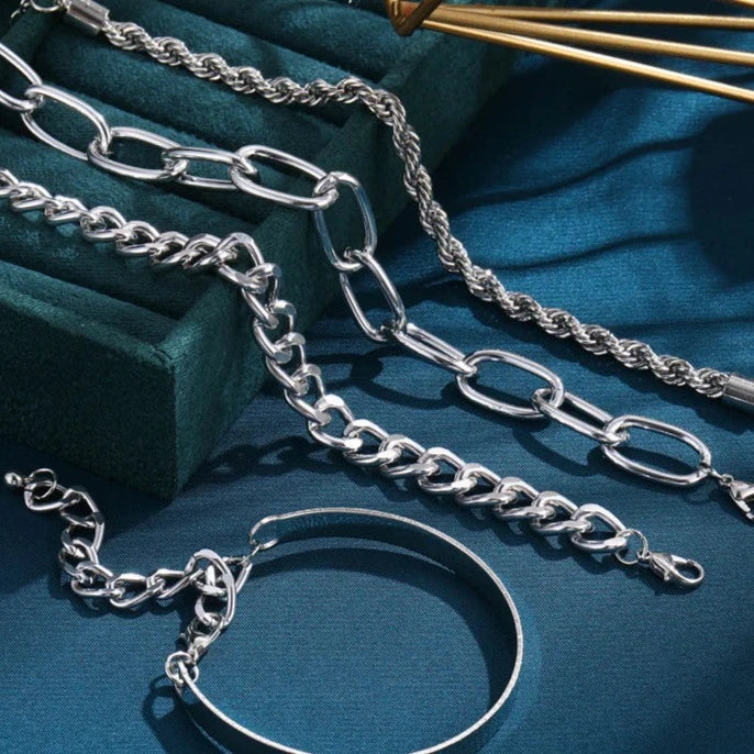 Curb Chain Bracelet Set Silver