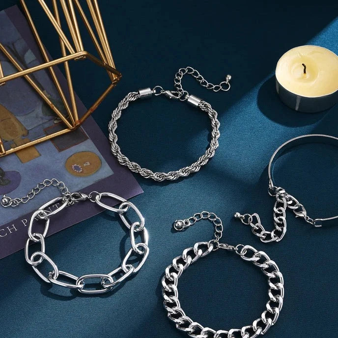 Curb Chain Bracelet Set Silver