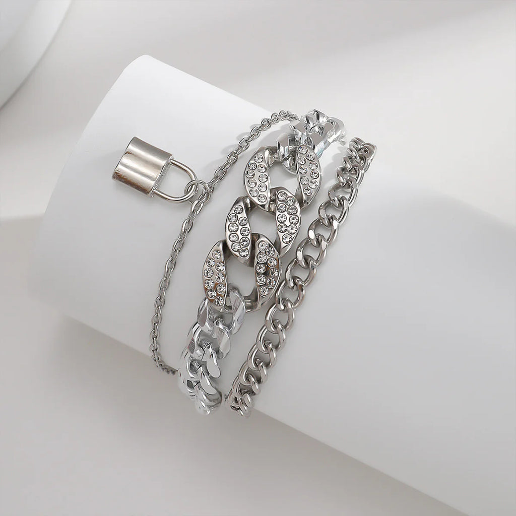 Diamond Lock Bracelet Set Silver