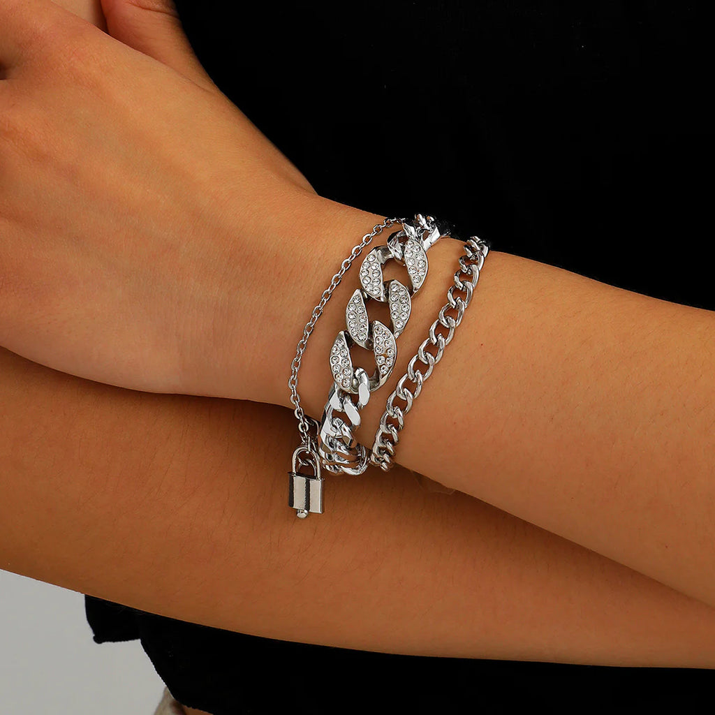Diamond Lock Bracelet Set Silver