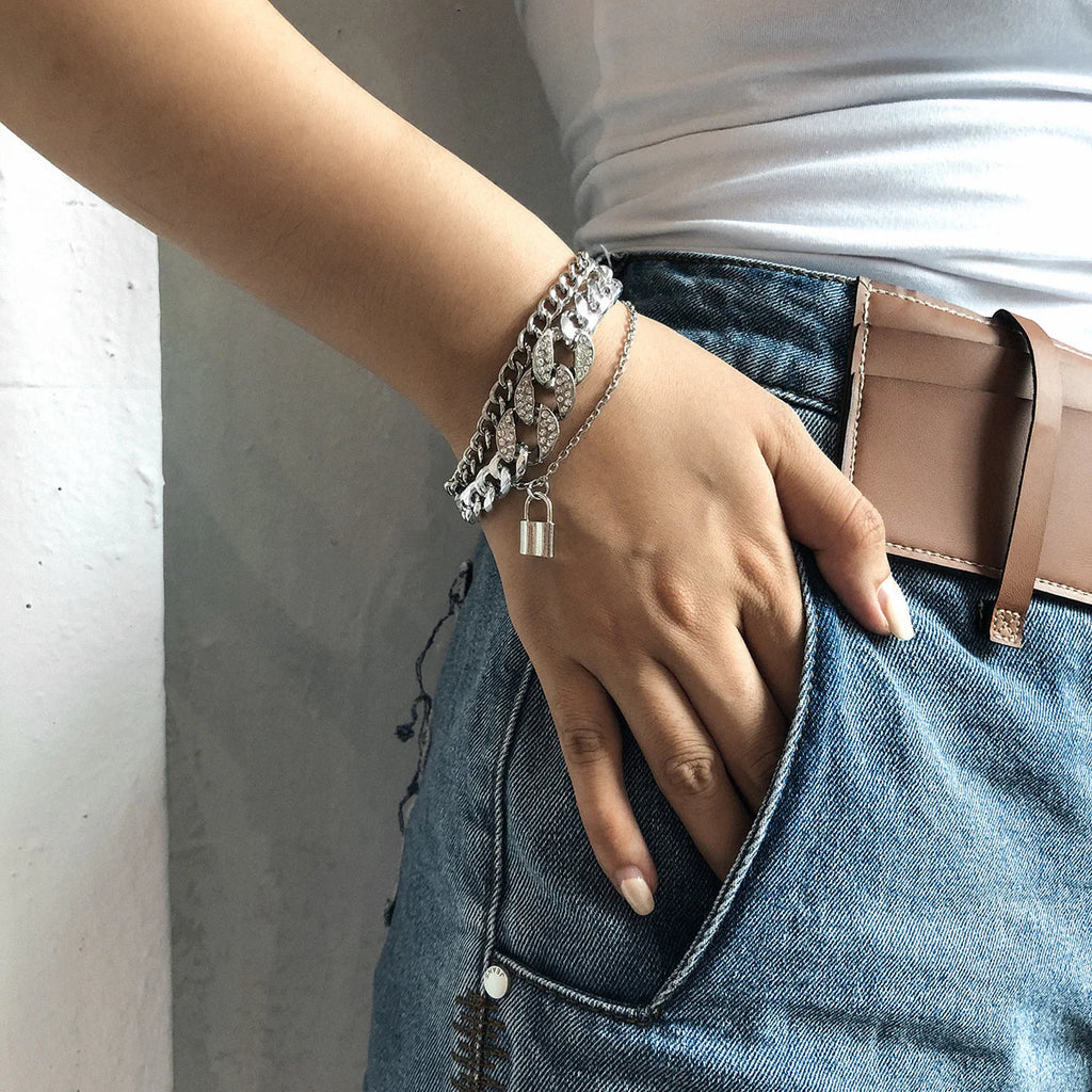 Diamond Lock Bracelet Set Silver