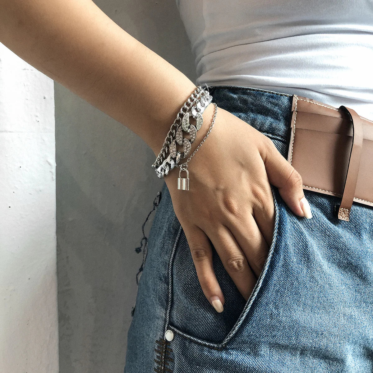 Diamond Lock Bracelet Set Silver