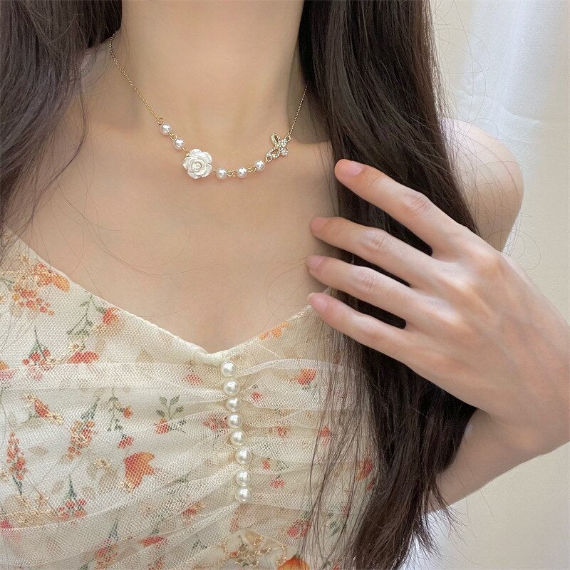 Rose Pearls Butterfly Necklace