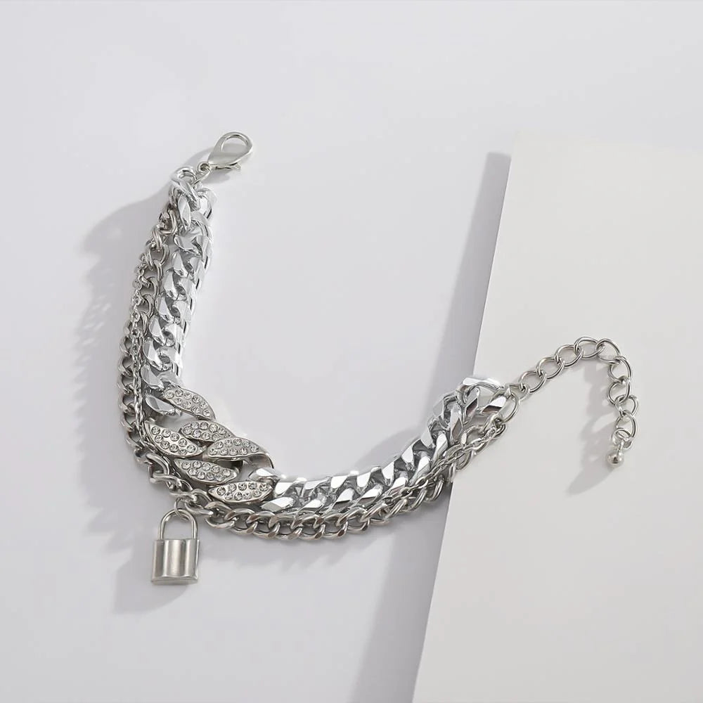 Diamond Lock Bracelet Set Silver
